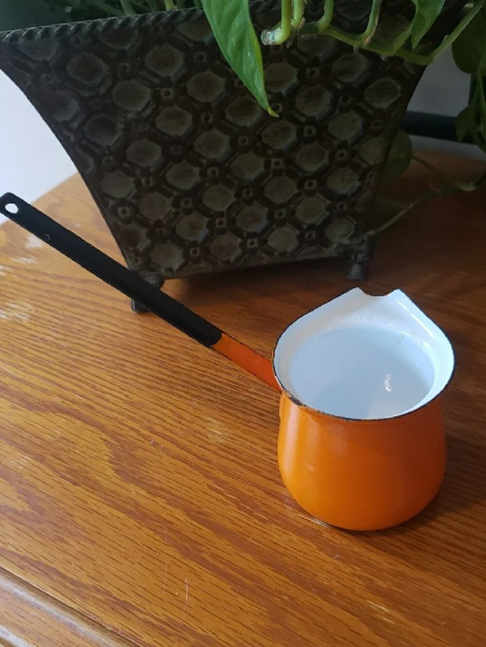 Vtg Bright Orange Enameled Fondue/ Melted Butter Pourer